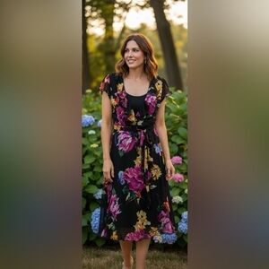 MSK Floral Midi Dress with Pink and Yellow Accents